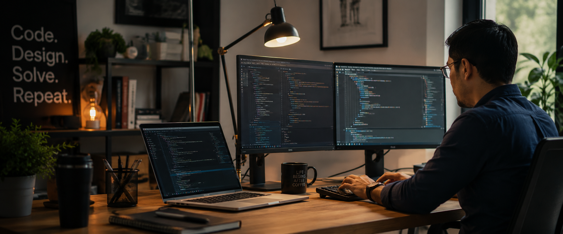 Ruang kerja SaveYoursOnline.com dengan multi-monitor menampilkan kode infrastruktur
